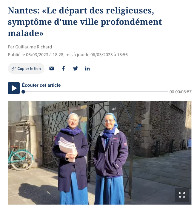 Tribune dans le Figaro / Nantes: «Le départ des religieuses, symptôme d’une ville profondément malade»